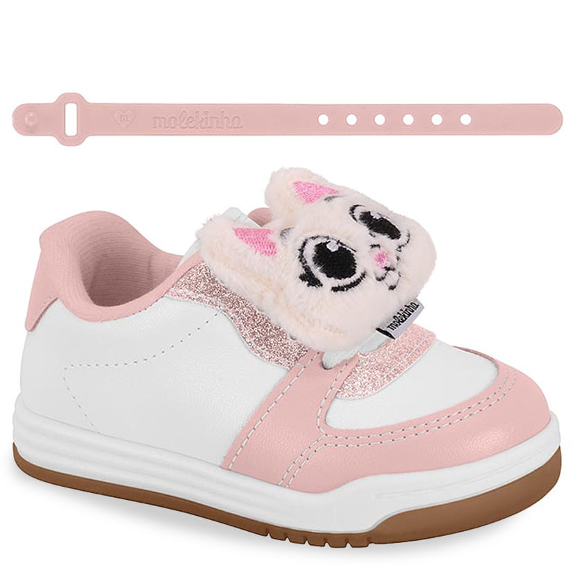 Tênis infantil Molekinha branco com detalhe de gatinho, vista frontal destacando conforto